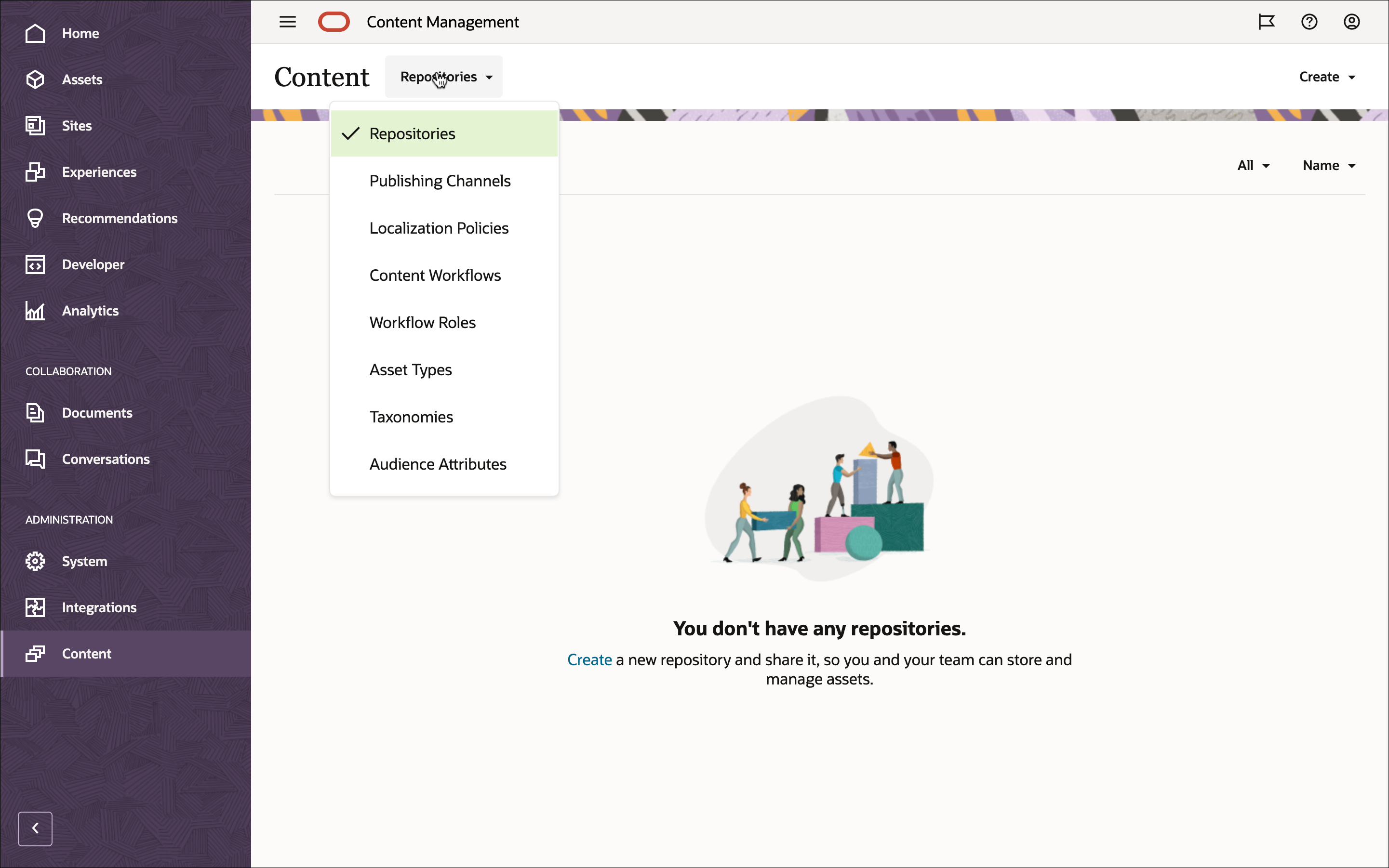 En esta imagen se muestra la opción Repositories seleccionada en el menú desplegable de la cabecera de la página Content.