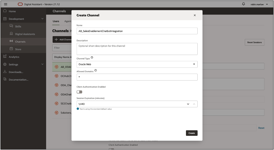 En esta imagen se muestra la instancia de asistencia digital de Oracle con el menú de navegación izquierdo abierto y la opción Canales resaltada. En esta imagen se muestra la instancia de asistencia digital de Oracle con el menú de navegación izquierdo abierto y la opción Canales resaltada.