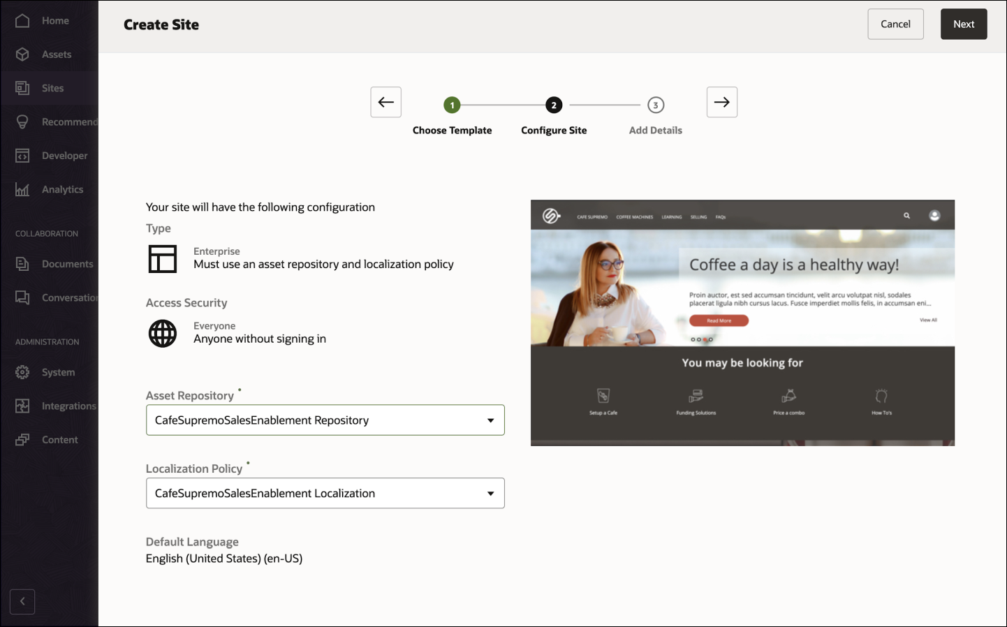 En esta imagen, se muestra la página Crear sitio en la interfaz web de Oracle Content Management. En esta imagen, se muestra la página Crear sitio en la interfaz web de Oracle Content Management.