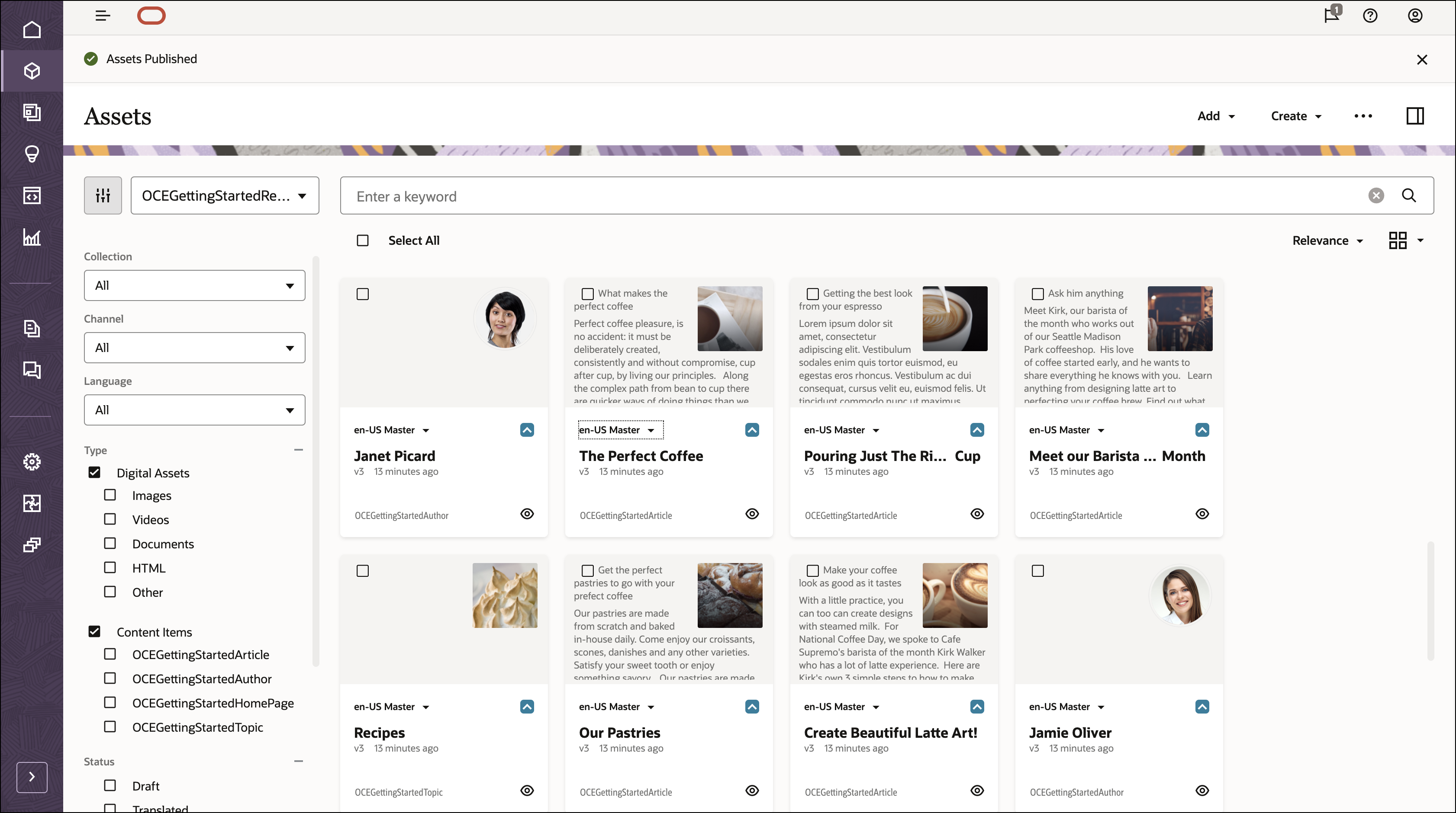 En esta imagen se muestran los elementos de contenido de la página Activos de la interfaz web de Oracle Content Management, con opciones a la izquierda para recopilaciones, canales, idiomas, tipos, selección de elementos de contenido y estado.
