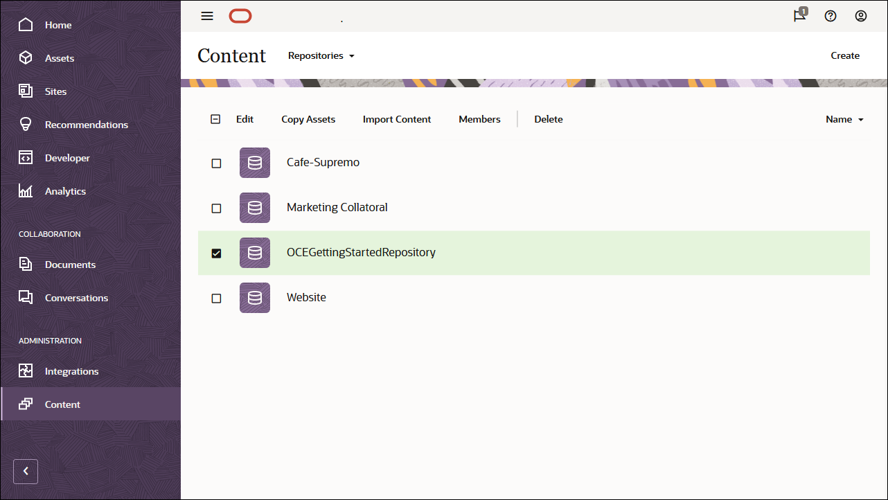 En esta imagen se muestra la página Repositories, con el elemento OCEGettingStartedRepository seleccionado.