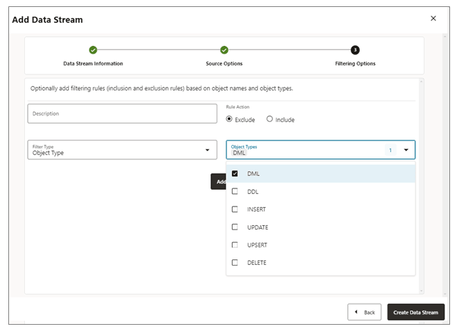 Cuadro de diálogo Data Stream y opciones de filtrado disponibles.