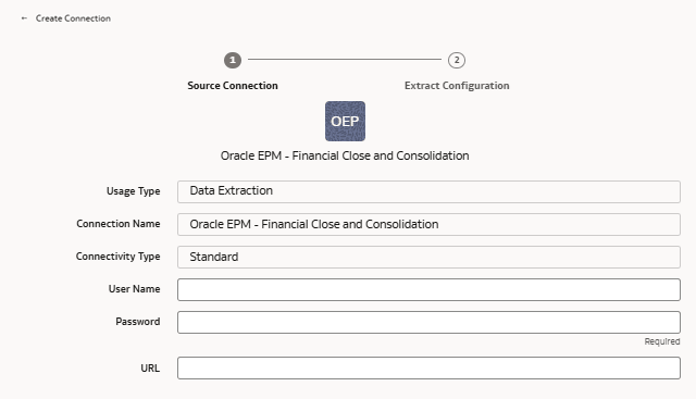 Separador Conexión de origen en el cuadro de diálogo Crear conexión para Oracle EPM