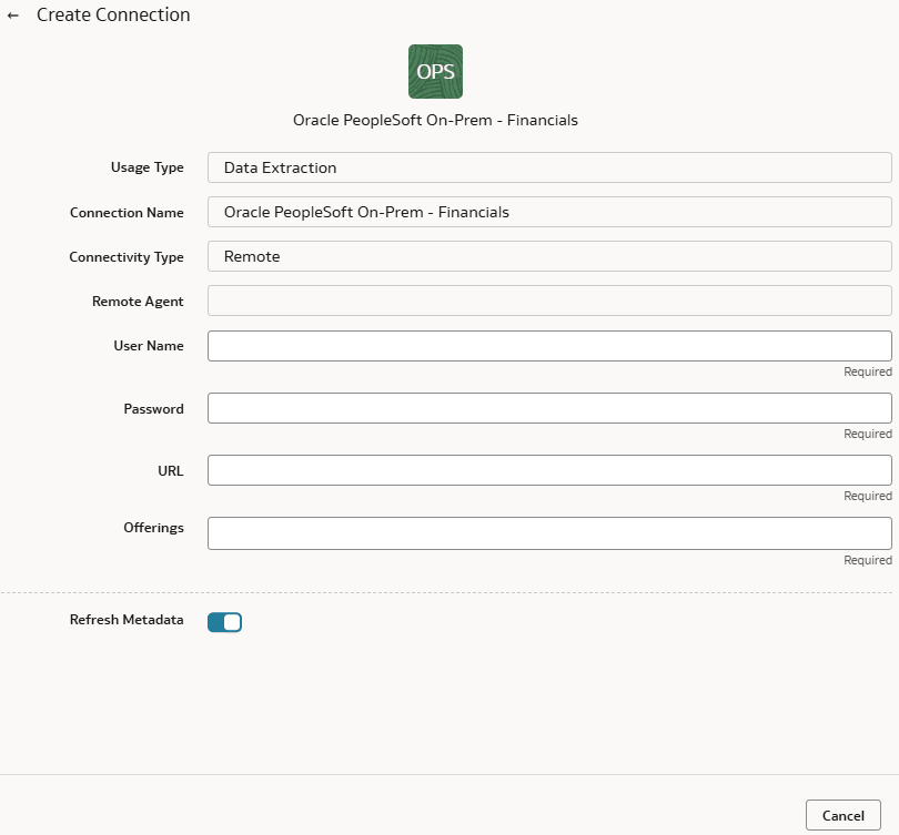 Cuadro de diálogo Crear conexión para Oracle PeopleSoft local - Finanzas Cuadro de diálogo Crear conexión para Oracle PeopleSoft local - Finanzas