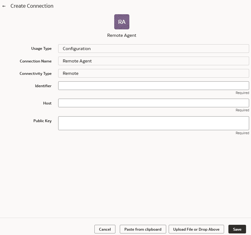 Cuadro de diálogo Create Connection (Crear conexión) para Remote Agent