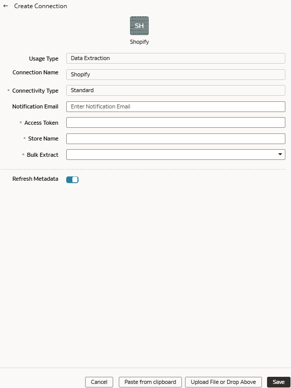 Cuadro de diálogo Crear conexión para el conector de Shopify