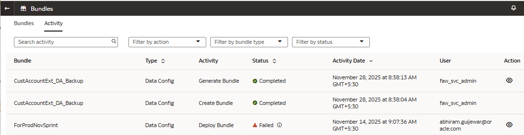 Icono de acción para las actividades de generación y despliegue relacionadas con el paquete de configuración de datos, seguridad y contenido