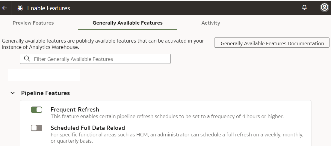 Página Habilitar funciones que muestra las funciones generalmente disponibles.