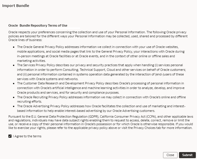 Términos de uso del repositorio de paquetes de Oracle en el cuadro de diálogo Importar paquete