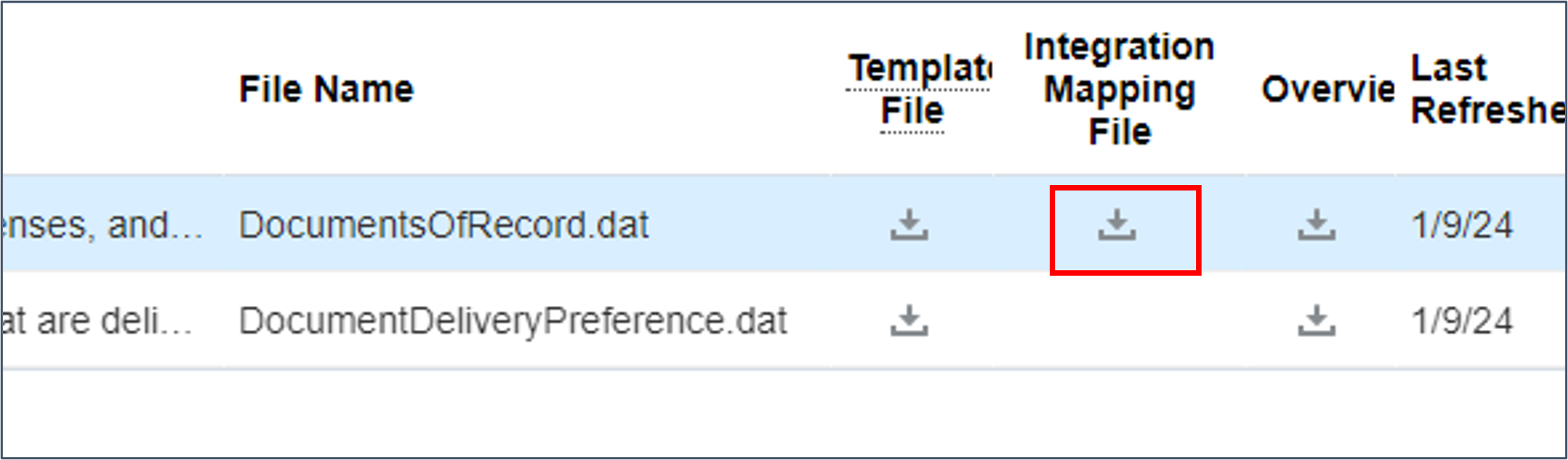 Actualice la tabla hasta que aparezca el icono de descarga del archivo para el objeto Registro de documentos.