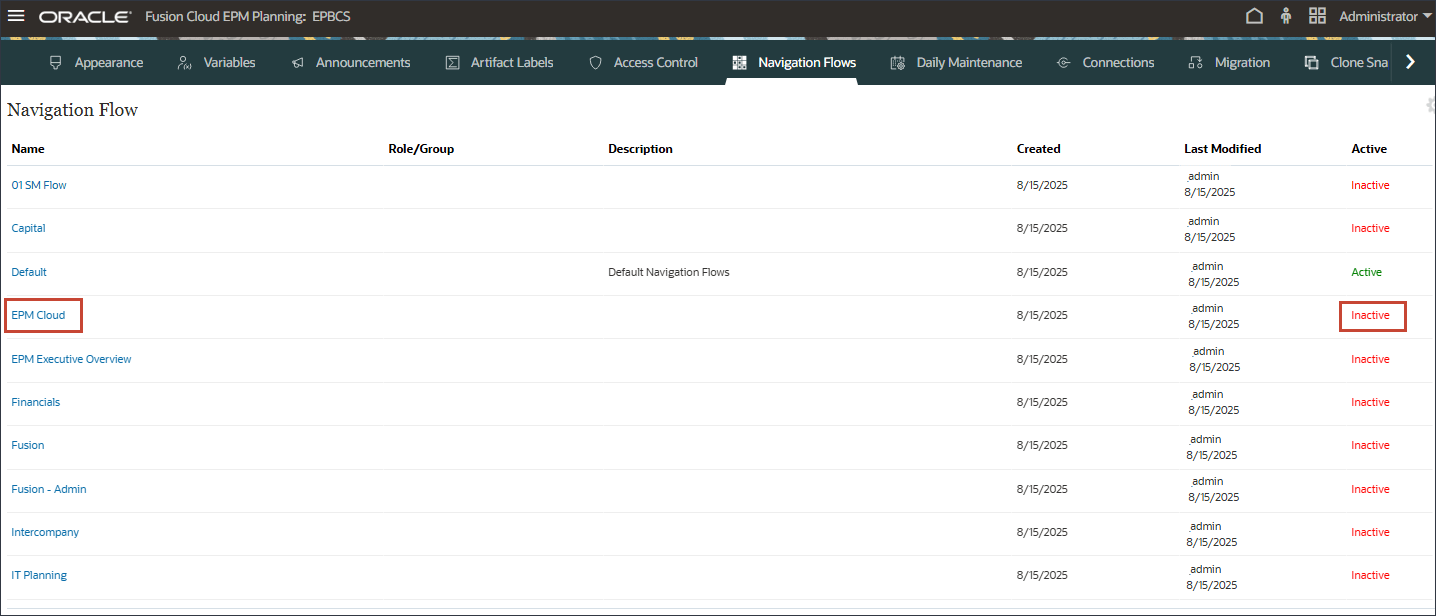 Flujo de navegación de EPM Cloud