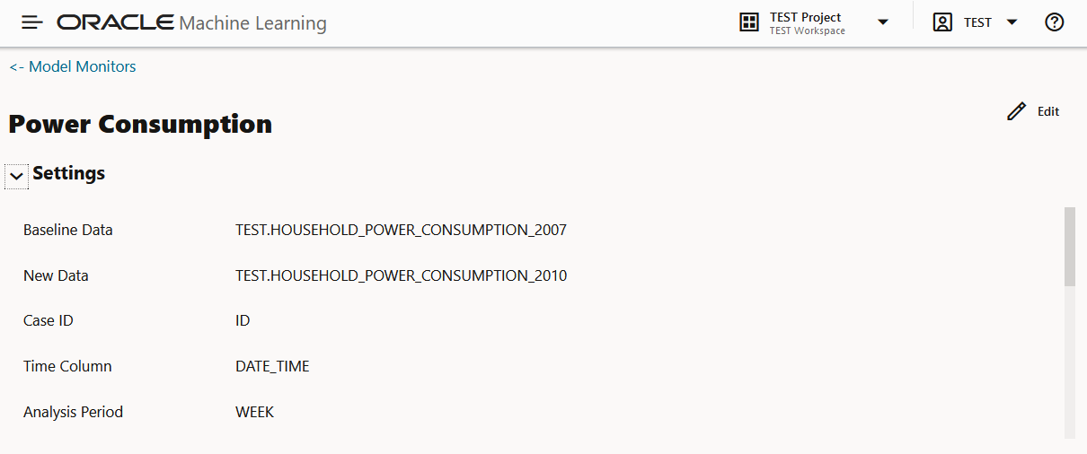 Sección Configuración de Supervisión de Modelo en la página Resultados de Supervisión de Modelo