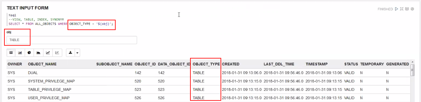 formulario de entrada de texto con tabla de tipo de objeto