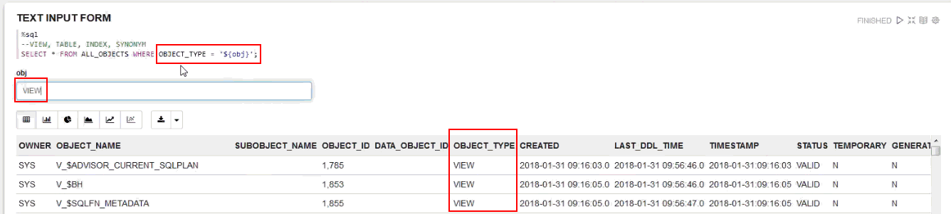 formulario de entrada de texto con vista de tipo de objeto