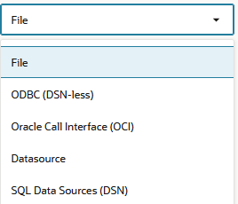 Los tipos de origen que puede seleccionar para las reglas de creación de dimensiones incluyen File, ODBC (sin DSN), Oracle Call Interface (OCI), Datasource y SQL Data Sources (DSN).