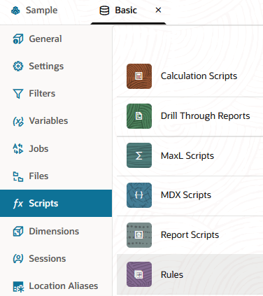 El separador Scripts está seleccionado y el mosaico Reglas está resaltado en la interfaz web de Essbase.