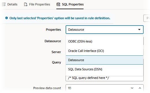 Separador Propiedades SQL del cuadro de diálogo Editar Origen para una regla de carga, con las opciones ODBC (sin DSN), Oracle Call Interface (OCI), Origen de Datos y Orígenes de Datos SQL (DSN)