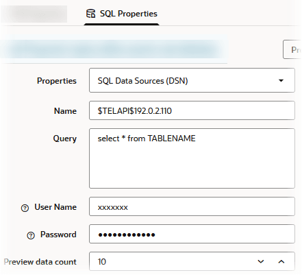 Source Properties > separador SQL Properties en una regla de carga. La selección de propiedades es SQL Data Sources (DSN), la entrada de nombre es $TELAPI$192.0.2.110 y la entrada de consulta es select * de TABLENAME.