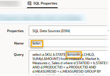 La sección Propiedades SQL de una regla definida en Sample Basic hace referencia a dos variables de sustitución. Una referencia, &amp;dsn, está en el campo Nombre. Otra referencia, &amp;month, está en la consulta SQL en el campo Query. La consulta SQL dice: select a.SKU, b.STATE, &amp;month, c.CHILD, SUM(d.AMOUNT) from Product a, Market b, Measures c, Sales d where d.STATEID = b.STATEID AND d.PRODUCTID = a.PRODUCTID AND d.MEASURESID = c.MEASURESID GROUP BY a.SKU, b.STATE, &amp;month, c.CHILD