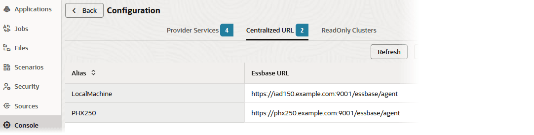 Dos URL centralizadas configuradas en la consola de la interfaz web de Essbase. La URL de detección de Essbase https://iad150.example.com:9001/essbase/agent está asociada al alias LocalMachine. Otra URL de detección de Essbase, https://phx250.example.com:9001/essbase/agent, está asociada al alias PHX250.