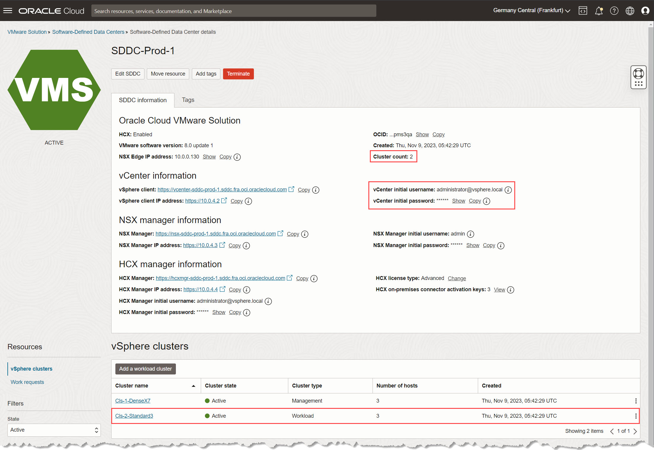 Página Detalles de SDDC