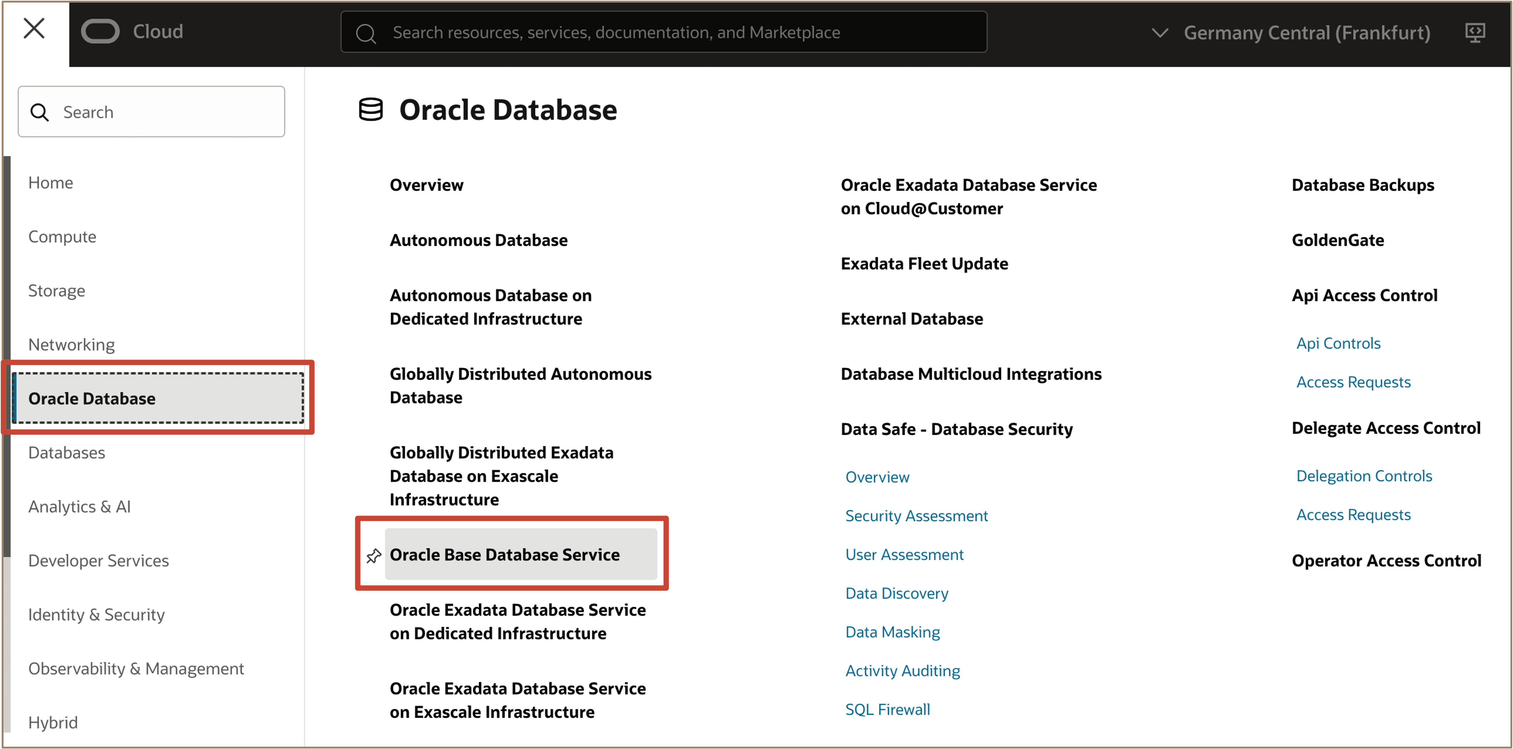 Imagen que muestra la navegación por la consola de OCI