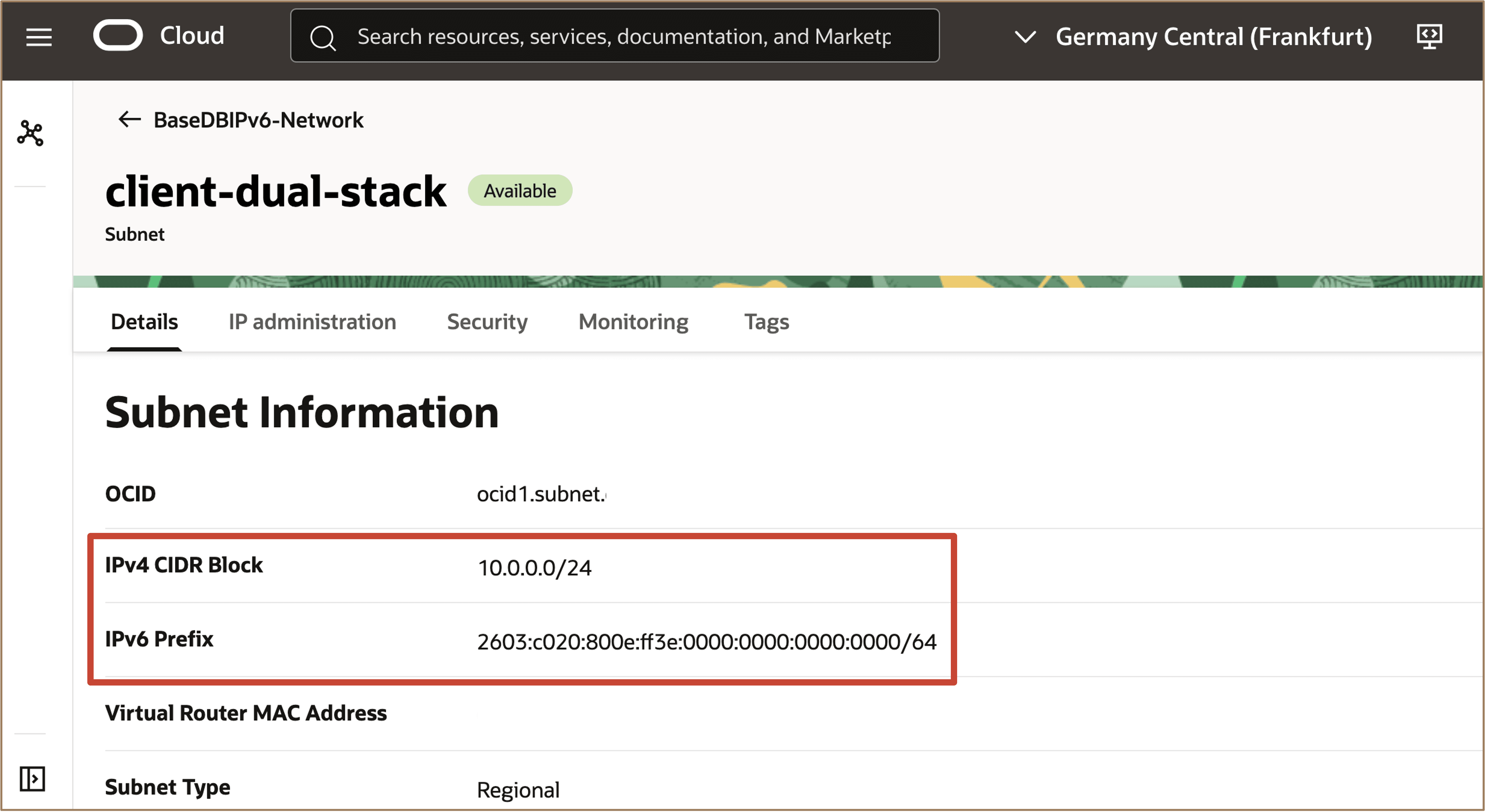 Imagen que muestra la subred creada con las direcciones IPv4 y IPv6