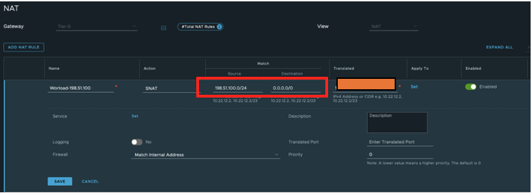 Segmento de configuración de SNAT
