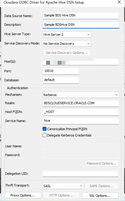 Configuración de conexión de Hive