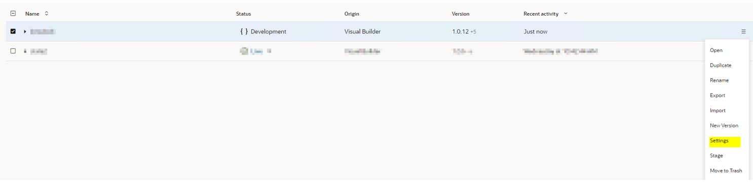 configuración de aplicación vbcs