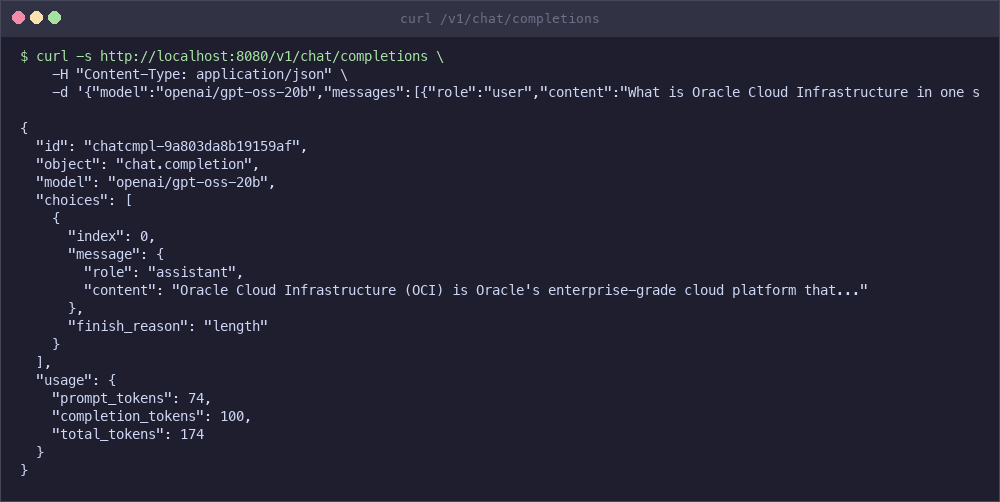 Salida de terminal que muestra la solicitud de finalización de chat curl y la respuesta JSON de openai/gpt-oss-20b