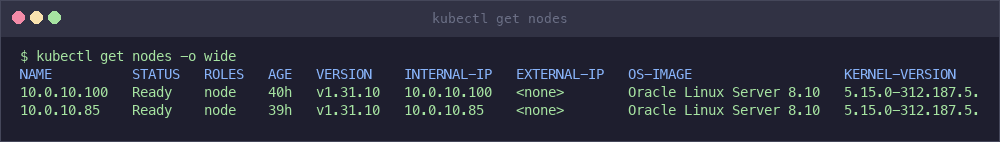 Salida de nodos get de kubectl que muestra dos nodos listos