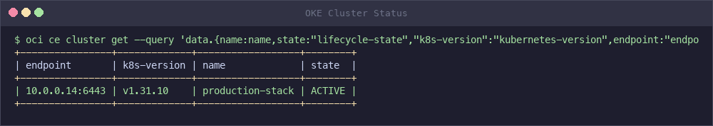 Salida de la CLI de OCI que muestra el cluster de OKE en estado ACTIVE