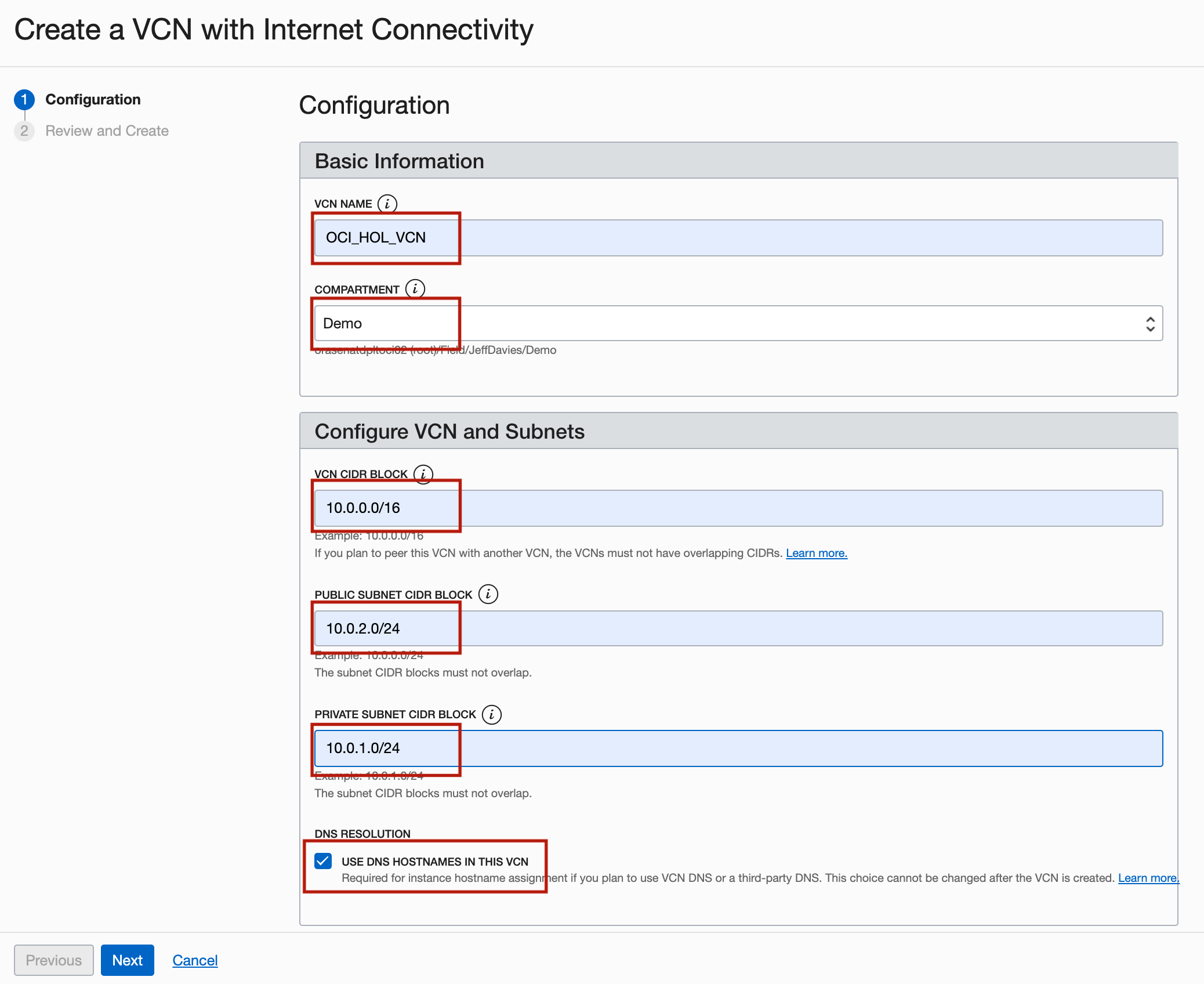 Creación de una configuración de VCN