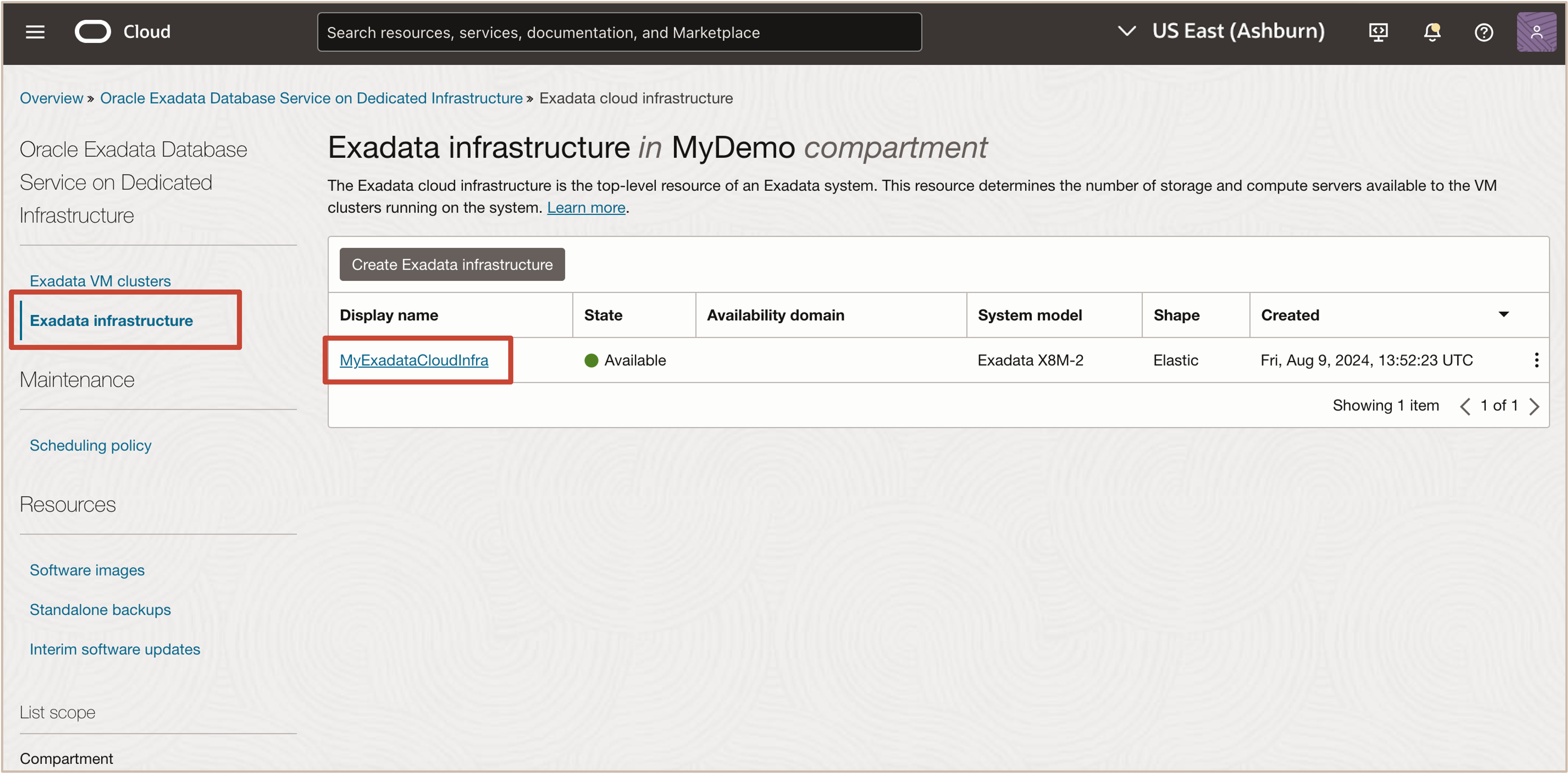 Imagen que muestra la navegación de la consola de OCI