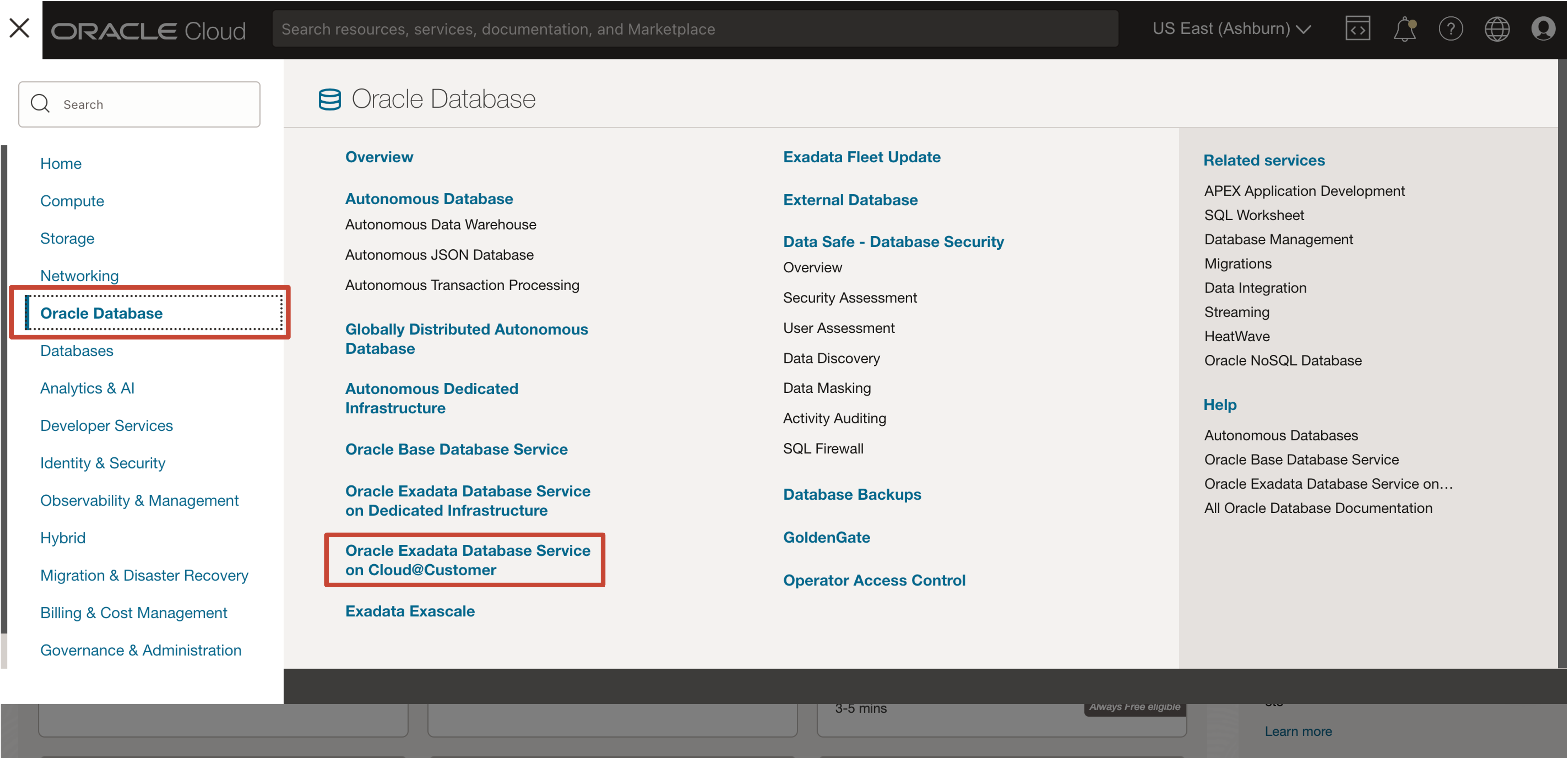 Imagen que muestra la navegación de la consola de OCI