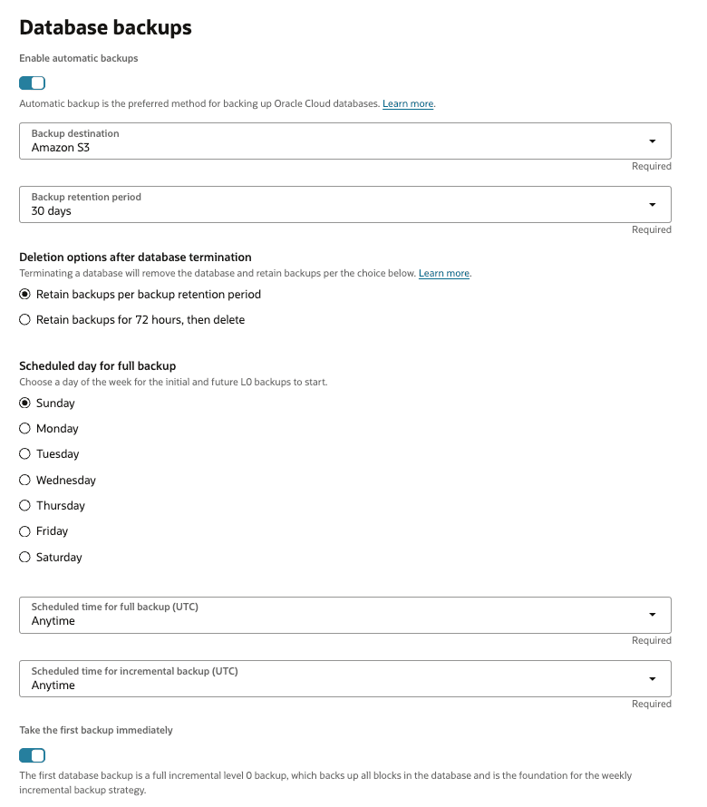 Imagen que muestra Crear copias de seguridad de la base de datos de configuración de Oracle database