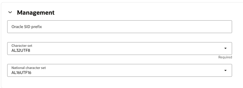 Imagen en la que se muestran las opciones avanzadas de creación de Oracle database - Gestión
