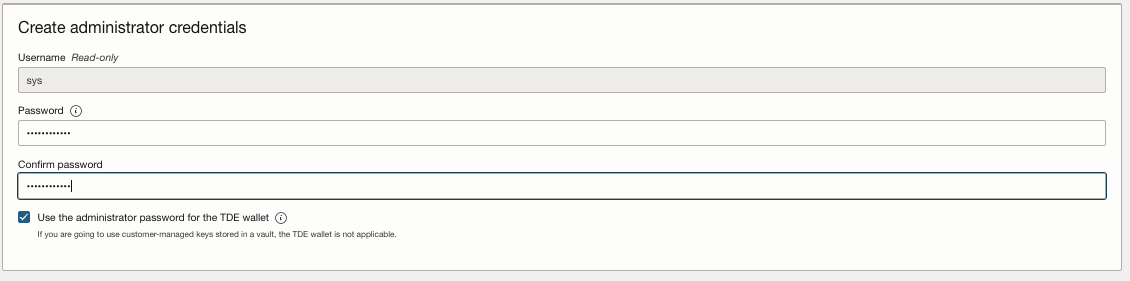 Imagen en la que se muestran las credenciales de creación de administrador de la base de datos Oracle