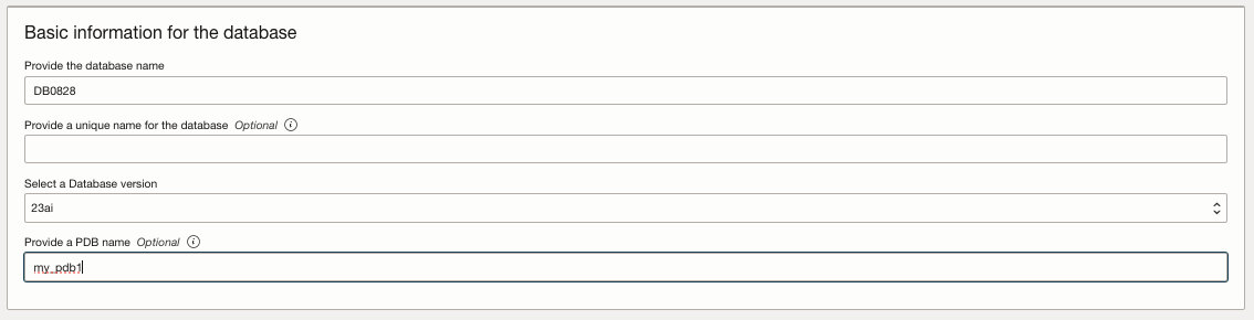 Imagen en la que se muestra la información básica de Crear base de datos Oracle