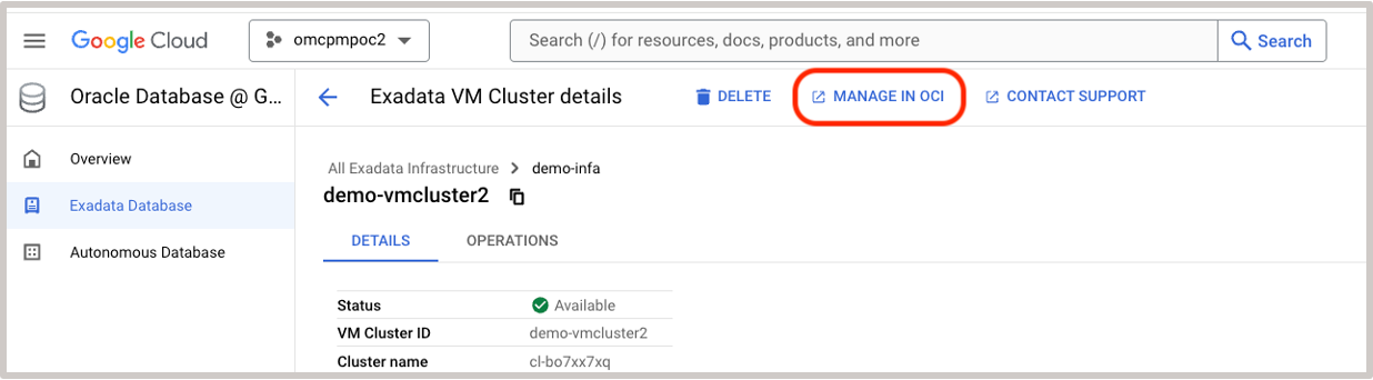 Imagen en la que se muestra el enlace Crear base de datos Oracle desde Google Console