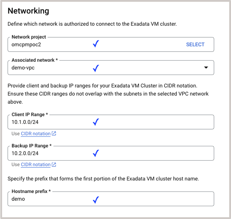 Imagen que muestra la creación de configuración de red de cluster de VM de Exadata