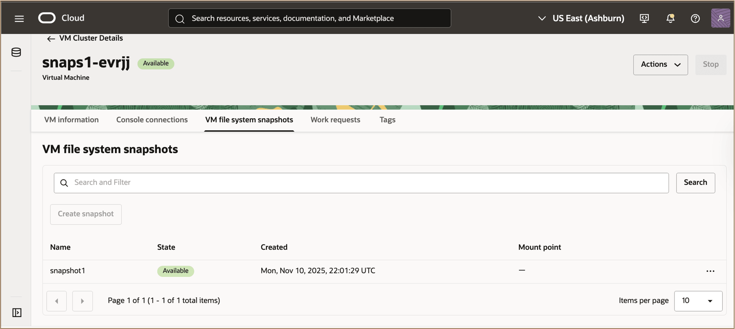 Imagen en la que se muestra la operación de instantánea del sistema de archivos de VM de desmontaje completada