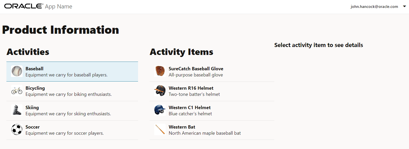 Elementos de actividad representados para la actividad de béisbol