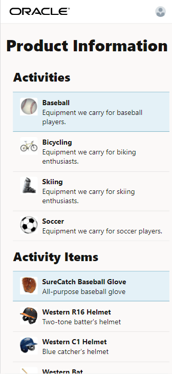 Elementos de actividad representados para la actividad de béisbol