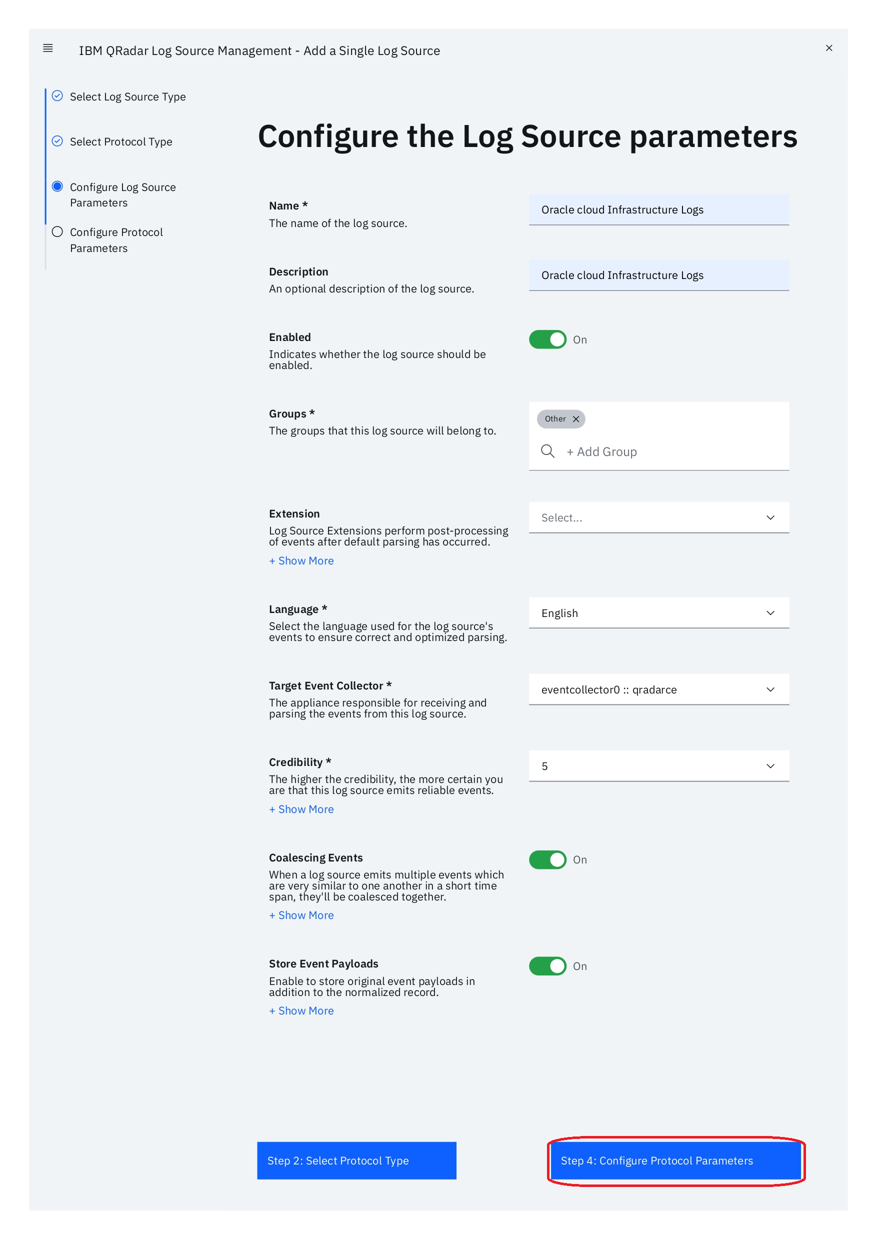 Configurar parámetros de origen de log