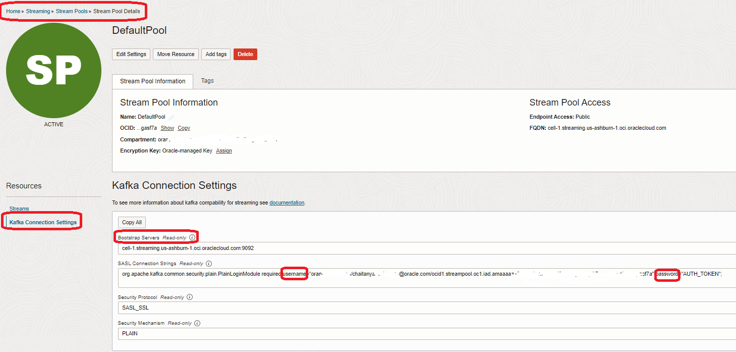 Configuración de conexión de Kafka