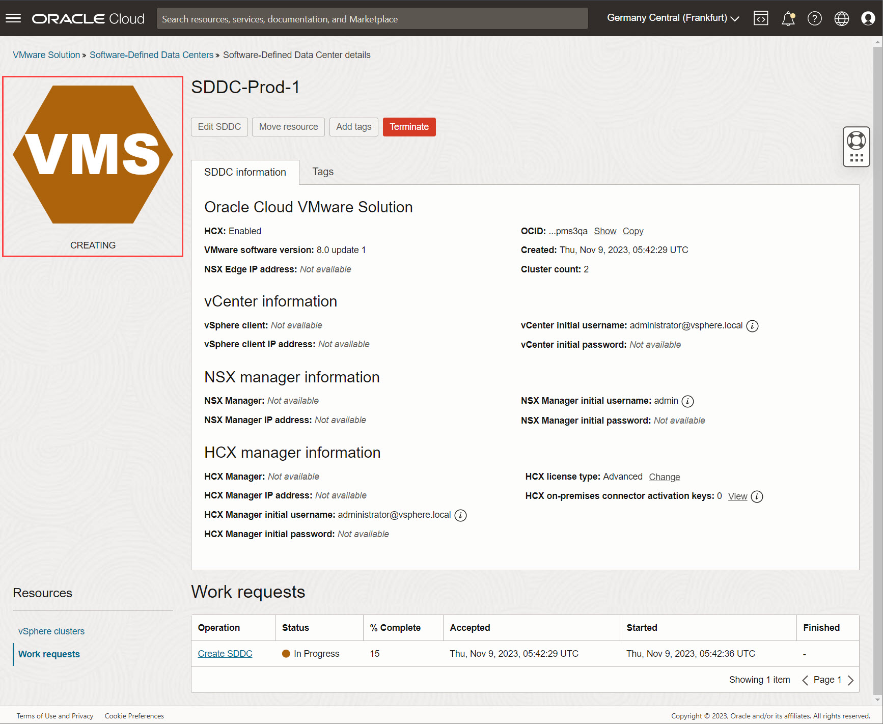 Página Detalles de SDDC