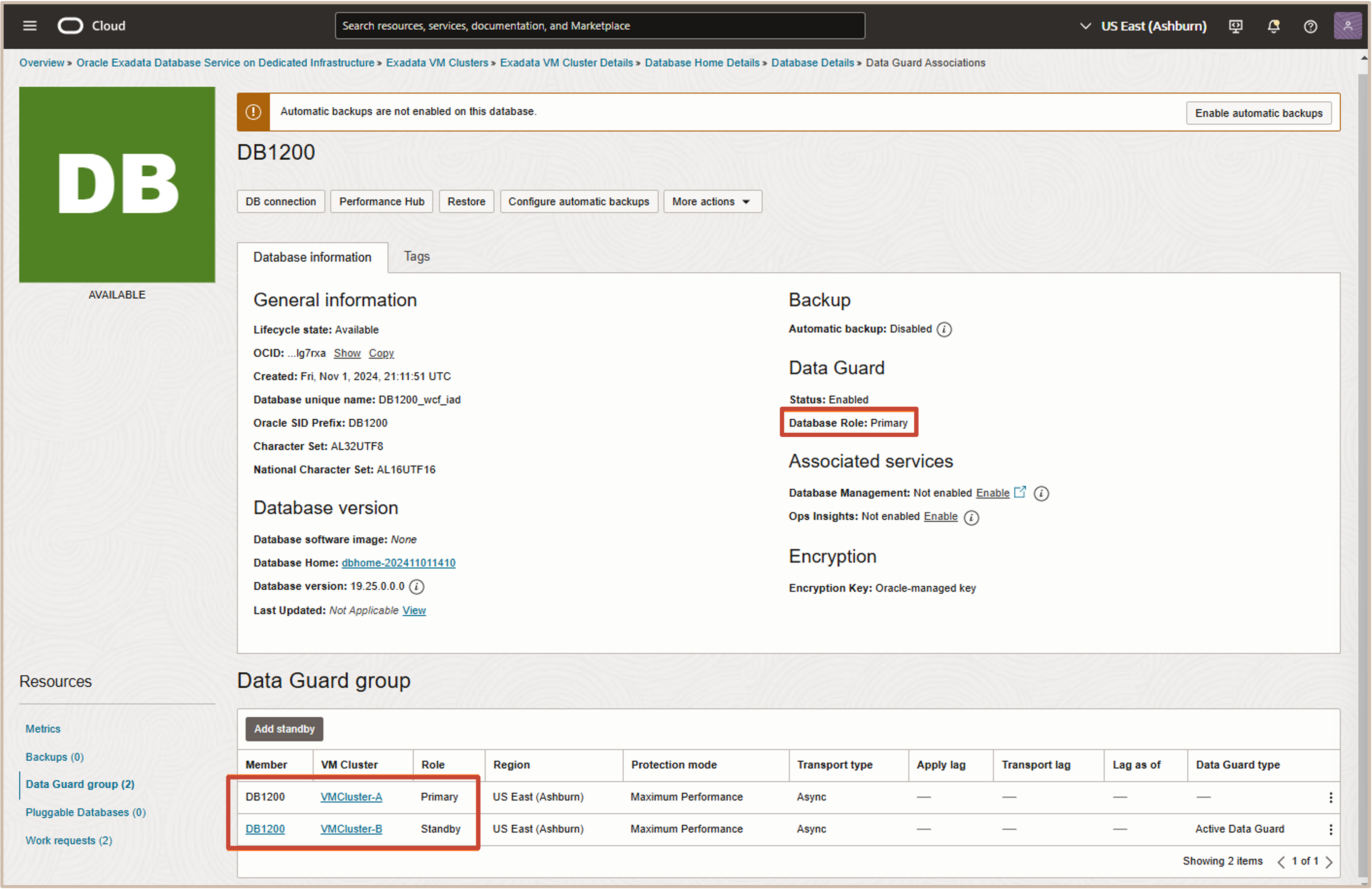 Imagen que muestra el estado disponible para la creación del grupo de Data Guard