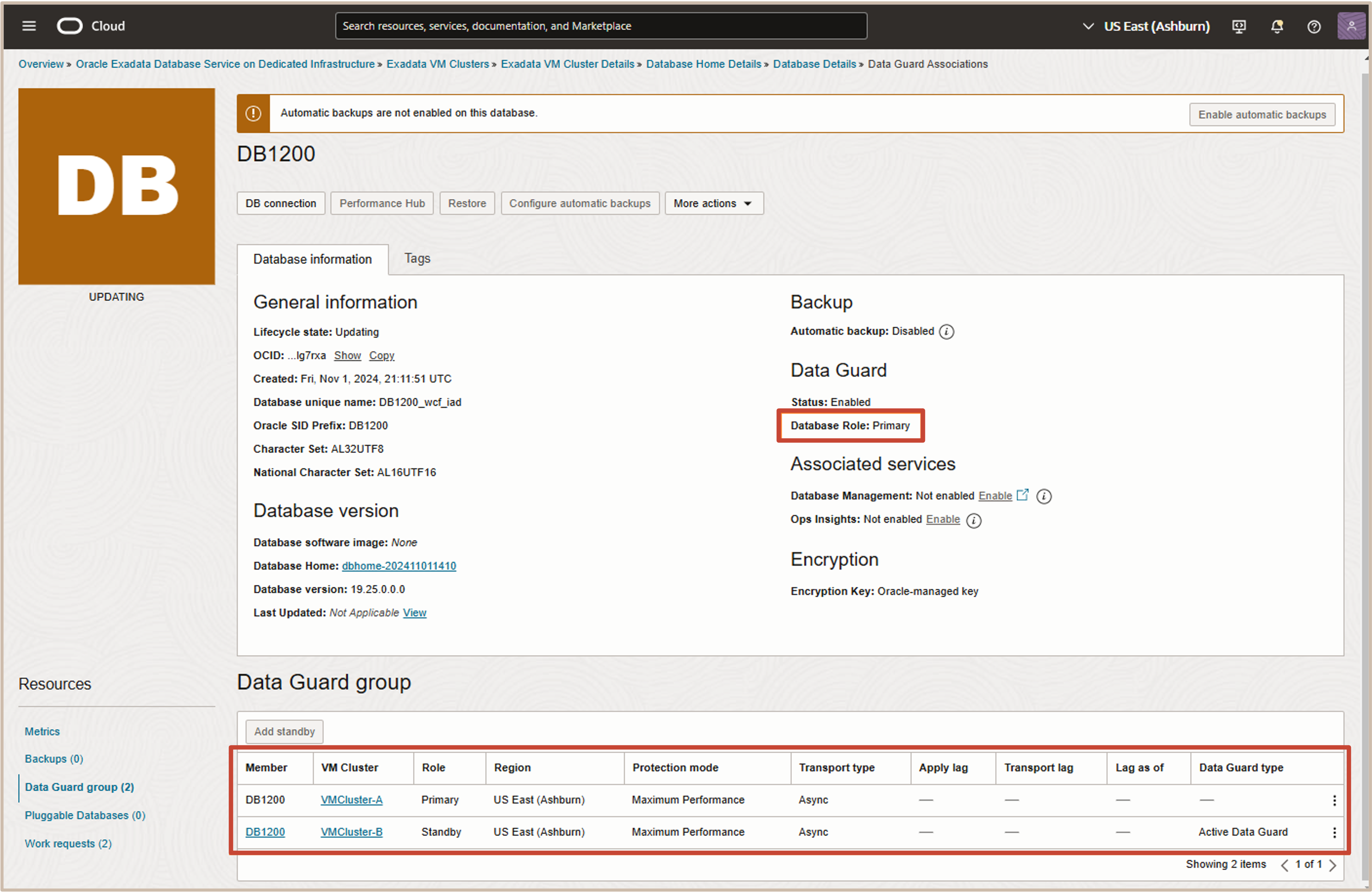 Imagen que muestra el estado de actualización para la creación del grupo de Data Guard
